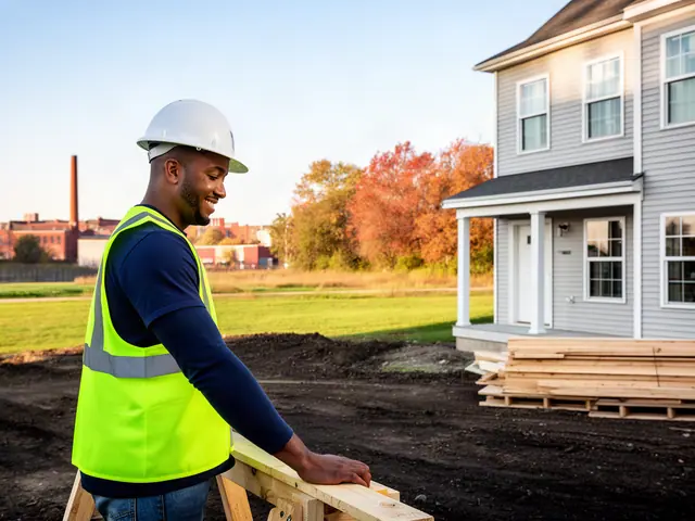 A builder in a hard hat and safety vest on a home construction site.