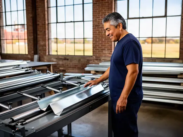 A man with short graying black hair beside new equipment in a small sheet-metal and duct shop.