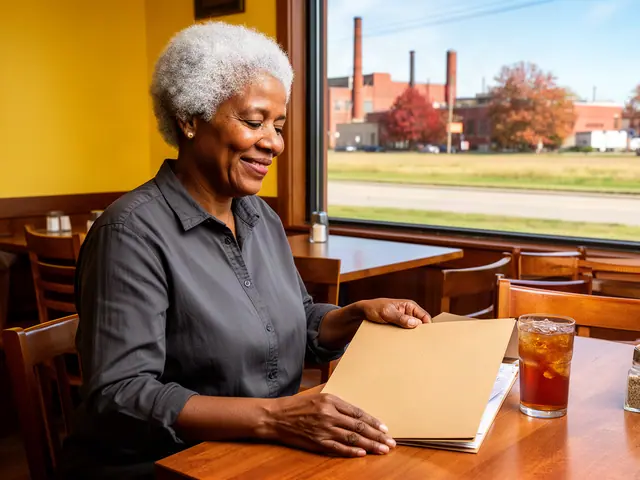 A restaurant owner seated with a folder in an empty dining room before opening.