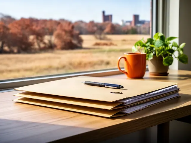 A neat stack of closed manila folders and a pen on a desk by a window.
