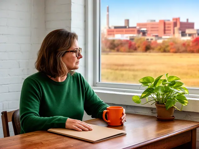 A woman with shoulder-length brown hair and tortoiseshell glasses at a desk with a folder and a mug in a small back office.