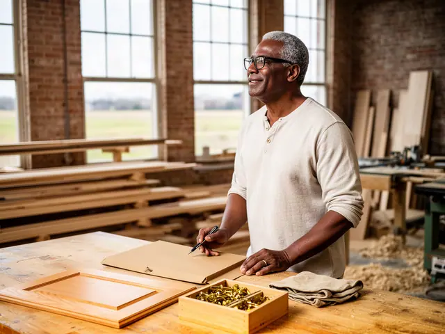 A man with short gray hair and black-framed glasses at a work table with a closed folder in a small cabinet shop.